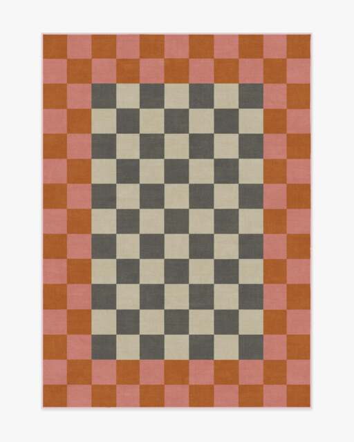 Checker Border Pink & Orange Rug by Jonathan Adler - 150x215 - Machine Washable Area Rug - Kid & Pet Friendly - Indoor Rugs - Ruggable - image 1