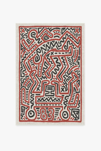 Funny Gallery Ivory & Red Flatwoven Rug by Keith Haring - 120x185 - Machine Washable Area Rug - Kid & Pet Friendly - Indoor Rugs - Ruggable