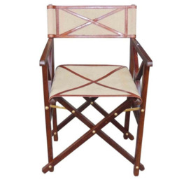 Handcrafted Wooden Canvas Leather & Brass Director Chair - Cognac