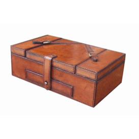 Handcrafted Leather & Brass Rectangular Jewellery Box - Tan