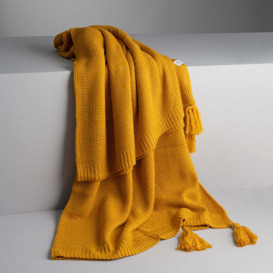 Benjamin Waffle Fringed Knitted Throw / Blanket, Mustard