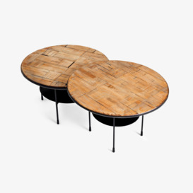 Porto Pine and Metal Set of 2 Coffee Tables, Black - Natural