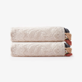 Olivia Set of 2 Velour Jacquard Fringed 100% Turkish Cotton Hand Towels, Beige