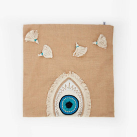 Evil Eye Jute Cushion Cover,  Brown, 50x50 cm