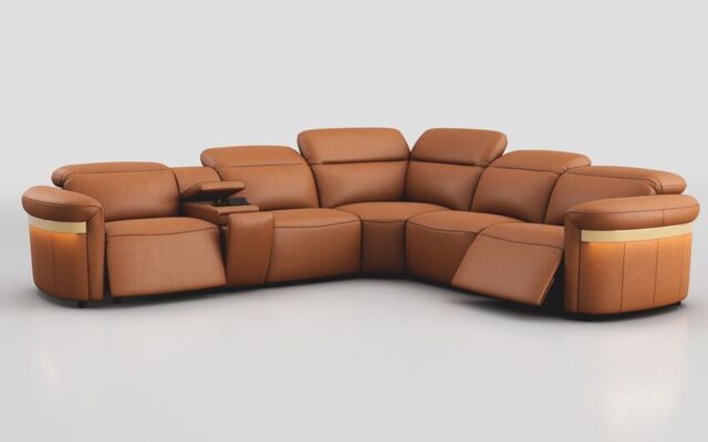 Voltana 2 Corner 2 Power Recliner with Left Facing Console, Manual Head Tilt, LEDs & Gold Trim - poltronesofà at ScS