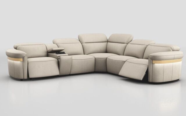 Voltana 2 Corner 2 Power Recliner with Left Facing Console, Manual Head Tilt, LEDs & Gold Trim - poltronesofà at ScS