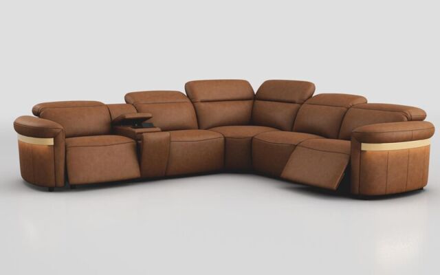 Voltana 2 Corner 2 Power Recliner with Left Facing Console, Manual Head Tilt, LEDs & Gold Trim - poltronesofà at ScS