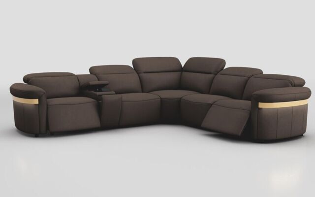 Voltana 2 Corner 2 Power Recliner with Left Facing Console, Manual Head Tilt, LEDs & Gold Trim - poltronesofà at ScS