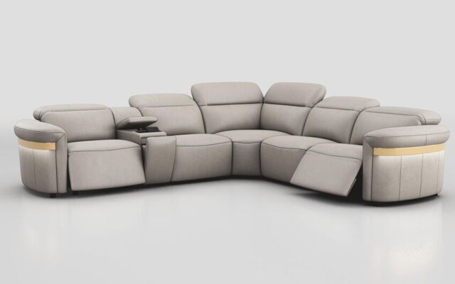 Voltana 2 Corner 2 Power Recliner with Left Facing Console, Manual Head Tilt, LEDs & Gold Trim - poltronesofà at ScS