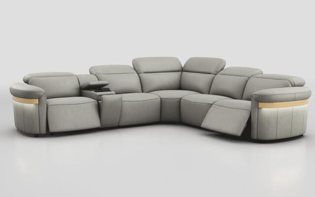 Voltana 2 Corner 2 Power Recliner with Left Facing Console, Manual Head Tilt, LEDs & Gold Trim - poltronesofà at ScS