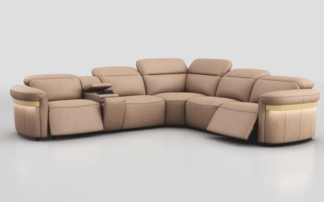 Voltana 2 Corner 2 Power Recliner with Left Facing Console, Manual Head Tilt, LEDs & Gold Trim - poltronesofà at ScS