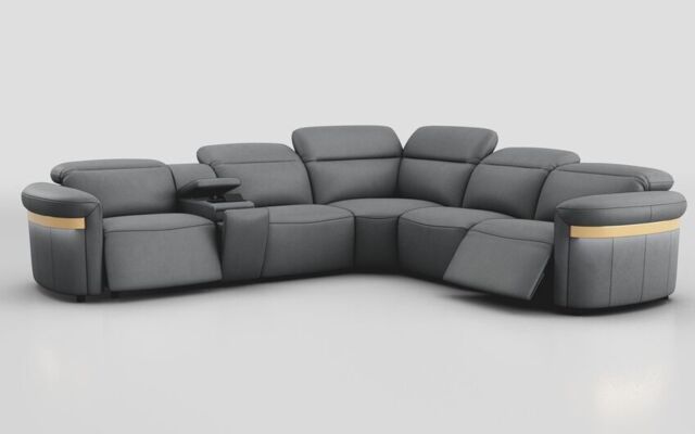 Voltana 2 Corner 2 Power Recliner with Left Facing Console, Manual Head Tilt, LEDs & Gold Trim - poltronesofà at ScS
