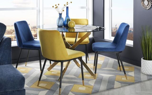 ScS Living Montero Bistro Dining Table, 2 Blue Chairs & 2 Mustard Chairs