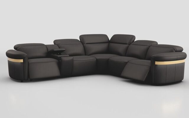 Voltana 2 Corner 2 Power Recliner with Left Facing Console, Manual Head Tilt, LEDs & Gold Trim - poltronesofà at ScS