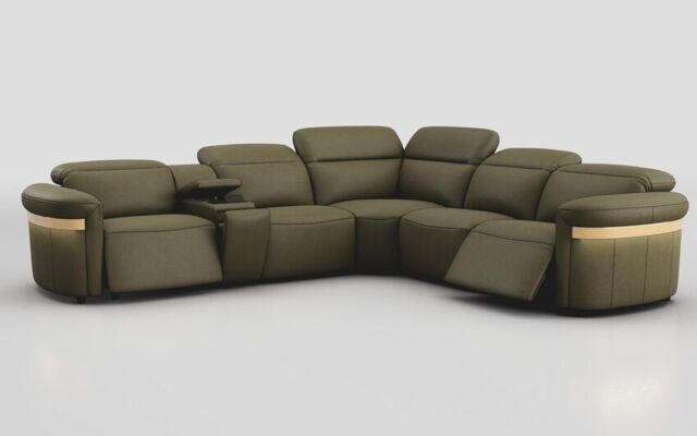 Voltana 2 Corner 2 Power Recliner with Left Facing Console, Manual Head Tilt, LEDs & Gold Trim - poltronesofà at ScS
