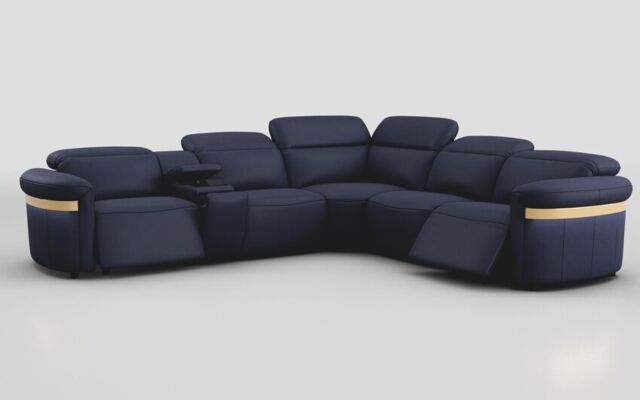 Voltana 2 Corner 2 Power Recliner with Left Facing Console, Manual Head Tilt, LEDs & Gold Trim - poltronesofà at ScS
