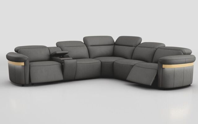 Voltana 2 Corner 2 Power Recliner with Left Facing Console, Manual Head Tilt, LEDs & Gold Trim - poltronesofà at ScS