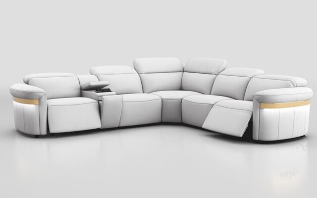 Voltana 2 Corner 2 Power Recliner with Left Facing Console, Manual Head Tilt, LEDs & Gold Trim - poltronesofà at ScS