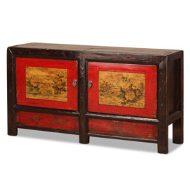 Red and Black Lacquer Sideboard with Flowers