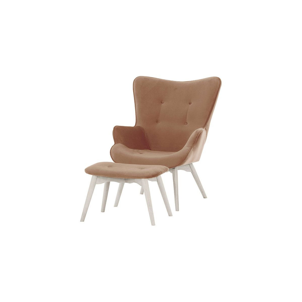 Ducon Velvet Wingback Chair + Footstool, dirty pink, Leg colour: white - image 1