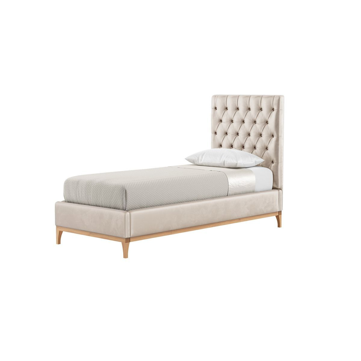 Marlon 3ft Single Bed Frame with luxury deep button quilted headboard, light beige, Leg colour: like oak - image 1