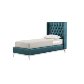 Marlon 3ft Single Bed Frame with luxury deep button quilted wing headboard, dirty blue, Leg colour: white