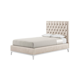 Marlon 4ft Small Double Bed Frame with luxury deep button quilted headboard, light beige, Leg colour: white