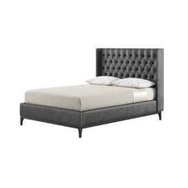 Marlon 4ft6 Double Bed Frame with luxury deep button quilted wing headboard, graphite, Leg colour: black