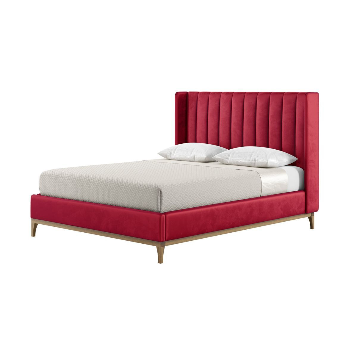 Reese 5ft King Size Bed Frame with fluted vertical stitch wing headboard, dark red, Leg colour: wax black - image 1