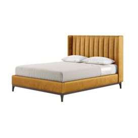Reese 5ft King Size Bed Frame with fluted vertical stitch wing headboard, mustard, Leg colour: dark oak - thumbnail 1