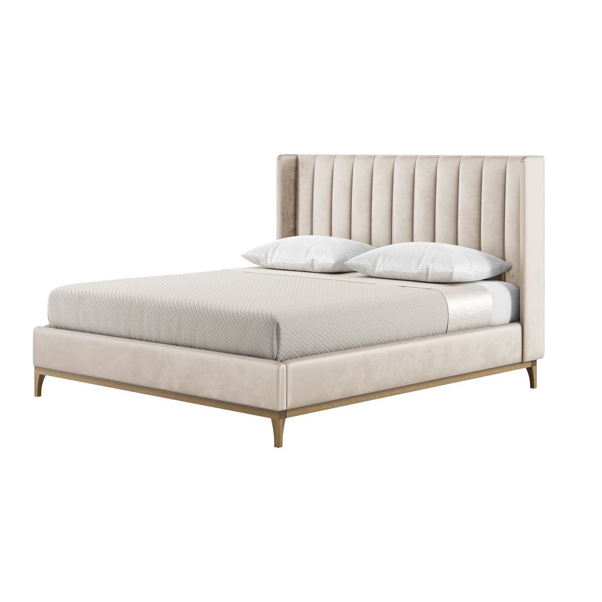Reese 6ft Super King Size Bed Frame with fluted vertical stitch wing headboard, light beige, Leg colour: wax black - image 1