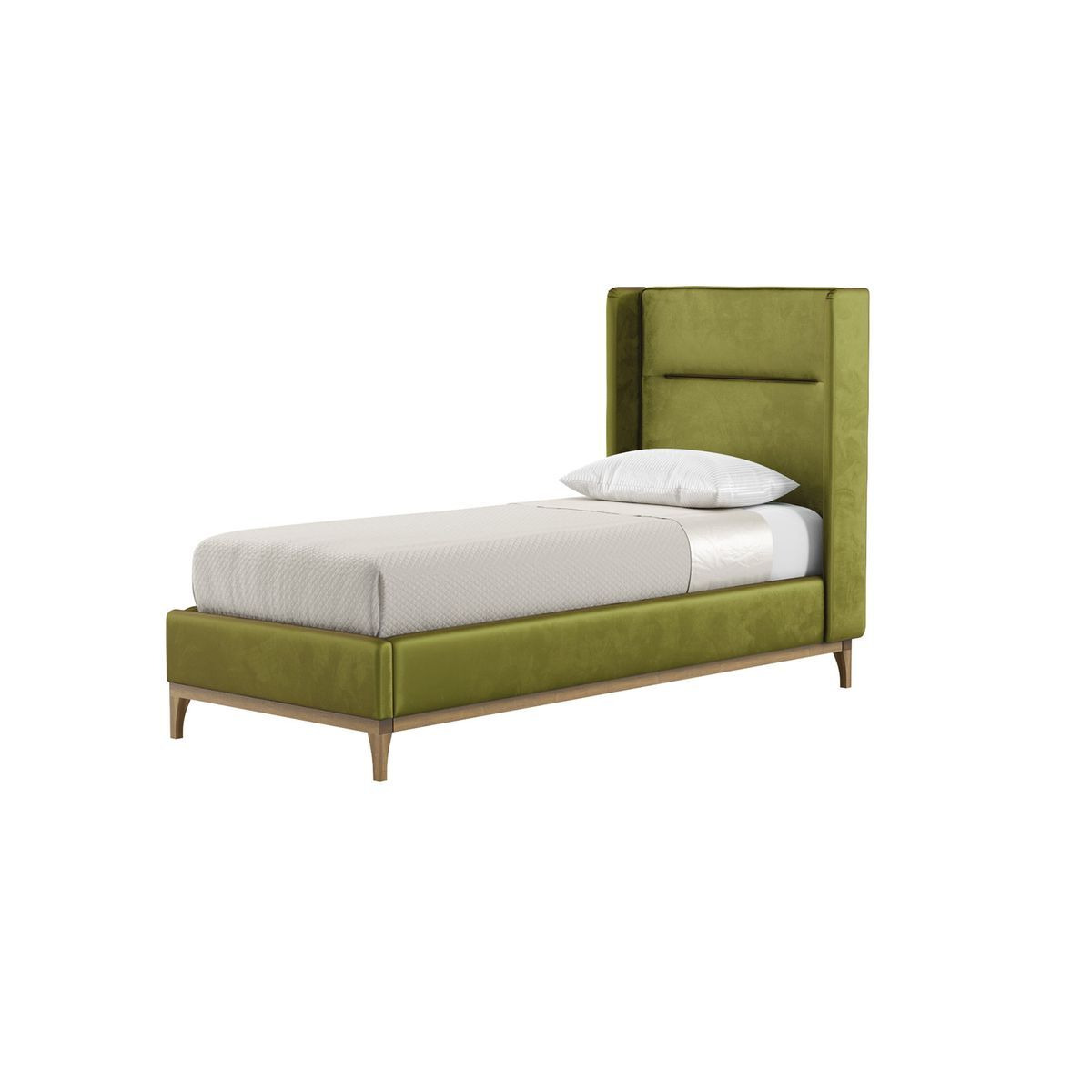 Gene 3ft Single Bed Frame with modern horizontal stitch wing headboard, olive green, Leg colour: wax black - image 1