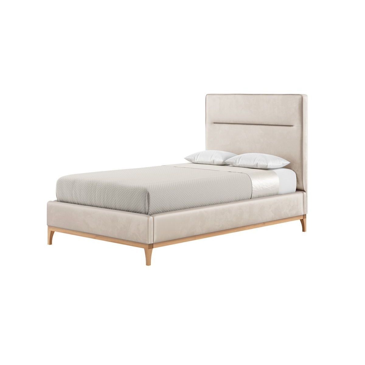Gene 4ft Small Double Bed Frame with modern horizontal stitch headboard, light beige, Leg colour: like oak - image 1