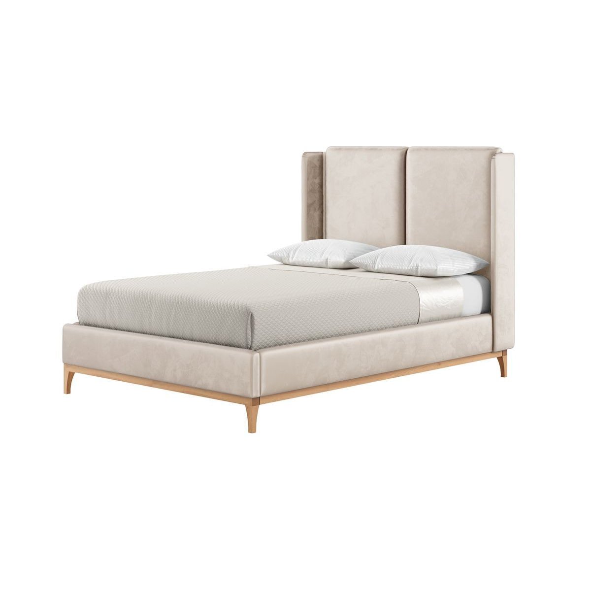 Emily 4ft6 Double Bed Frame with contemporary twin panel wing headboard, light beige, Leg colour: like oak - image 1