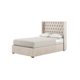 Jewel 4ft Small Double Bed Frame With Luxury Deep Button Quilted Wing Headboard, light beige, Leg colour: black