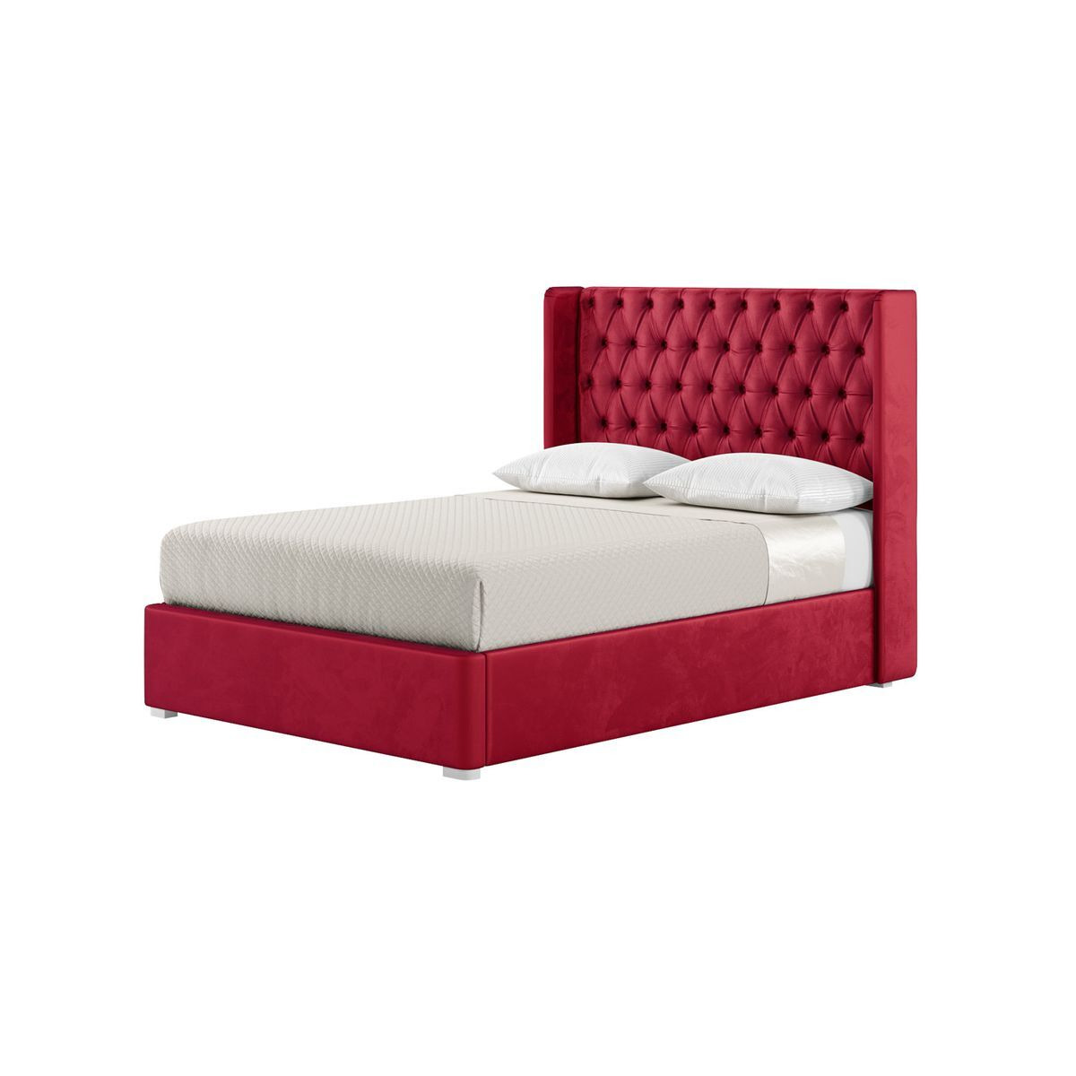 Jewel 4ft6 Double Bed Frame With Luxury Deep Button Quilted Wing Headboard, dark red, Leg colour: white - image 1