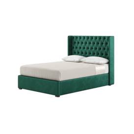 Jewel 4ft6 Double Bed Frame With Luxury Deep Button Quilted Wing Headboard, dark green, Leg colour: dark oak