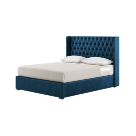 Jewel 5ft King Size Bed Frame With Luxury Deep Button Quilted Wing Headboard, blue, Leg colour: dark oak