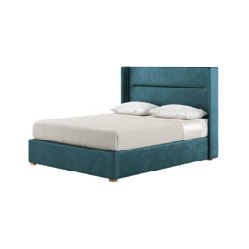 Lewis 5ft King Size Bed Frame Modern Horizontal Stitch Wing Headboard, dirty blue, Leg colour: like oak