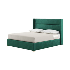 Lewis 6ft Super King Size Bed Modern Horizontal Stitch Wing Headboard, dark green, Leg colour: like oak