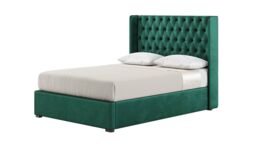 Jewel 4ft6 Double Bed Frame With Luxury Deep Button Quilted Wing Headboard, dark green, Leg colour: dark oak - thumbnail 1
