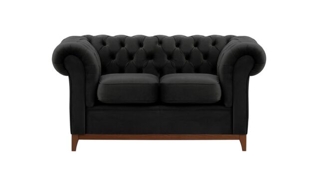 Chesterfield Wood 2-Seater Sofa, black, Leg colour: dark oak - image 1