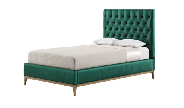 Marlon 4ft Small Double Bed Frame with luxury deep button quilted headboard, dark green, Leg colour: wax black