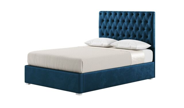 Jewel 4ft6 Double Bed Frame With Luxury Deep Button Quilted Headboard, blue, Leg colour: white