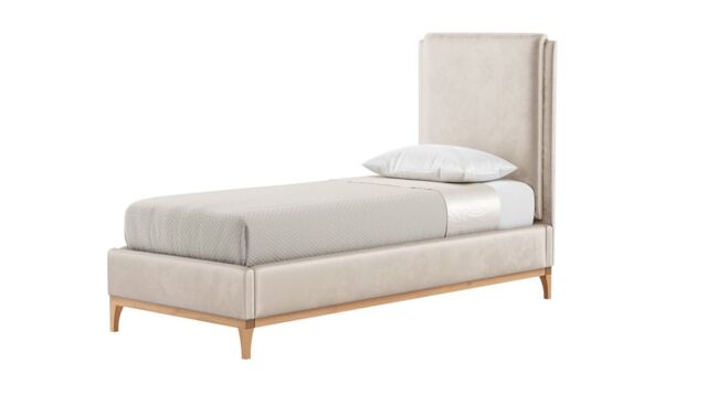 Emily 3ft Single Bed Frame with contemporary panel headboard, light beige, Leg colour: like oak
