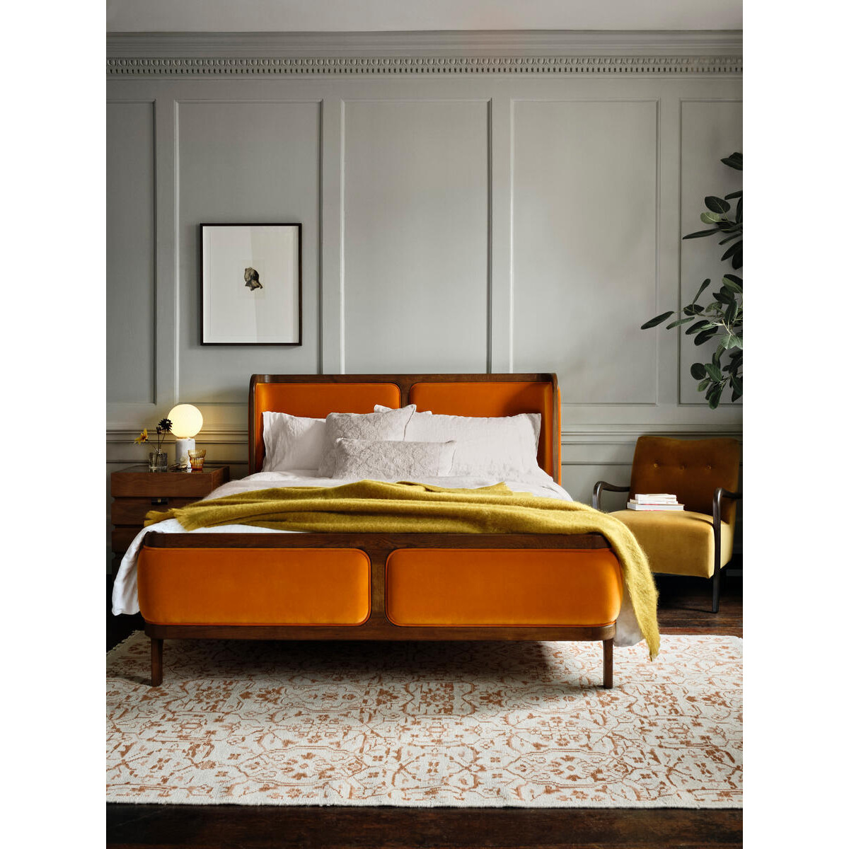 Belsa Emperor Bed in Tangerine | Mid Century-Style Velvet Upholstered Bed