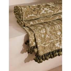 Luxurious Silvanus Bedspread in Olive Green | Cotton Blend with Pom-Pom Trim Detail