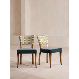 Pair of Molina Armless Dining Chairs, Ikat Stripe and Velvet, Grey Blue