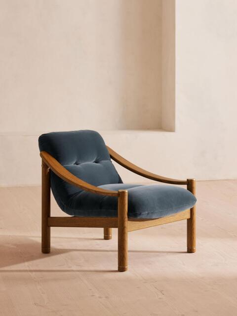 Karine Armchair, Midtone Oak, Grey Blue Velvet by Soho Home Ltd