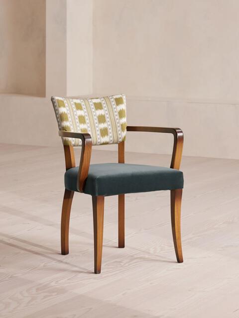 Molina Dining Armchair, Ikat Stripe and Velvet, Grey Blue